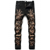 Mens Cool Girl Star Letter Printed Zipper Placket Tapered Pants Black Jeans for Nightclub