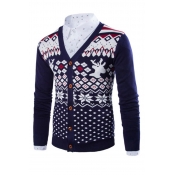 Mens Casual Ethnic Style Geo Deer Printed Long Sleeve Button Down Knit Cardigan