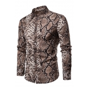 Mens New Stylish Snakeskin Pattern Long Sleeve Button Up Fitted Party Shirt