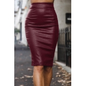 Women's Sexy Plain High Waist Zipper Back Slit Back Leather Midi Bodycon Skirt
