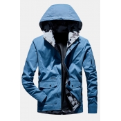 Light Blue Long Sleeve Flap Pocket Zip Up Slim Fit Cargo Track Jacket Mens Hooded Coat