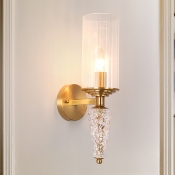 Indoor Wall Light Fixture with Cylindrical Clear Glass Shade Mid Century 1 Head Wall Sconce in Brass