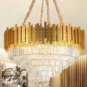 Multi-Tier Crystal Hanging Light Fixture Modern Metal Chandelier in Brass for Indoor