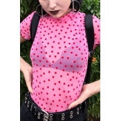 Women Cute Short Sleeve Mock Neck Heart and Cherry Print Stringy Selvedge Sheer Mesh Fit Crop T-Shirt
