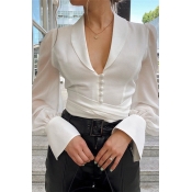 White Elegant Blouson Sleeve Deep V-Neck Button Down Tied Front Fitted Crop Blouse Top for Ladies