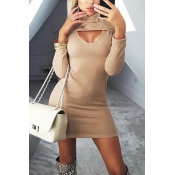 Womens Simple Cut Out Front Long Sleeve High Collar Plain Mini Party Dress