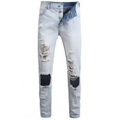 Street Style Creative Button Placket Broken Holes Ripped Light Blue Wash Faded Jeans