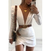 Womens Fashionable White Plain Puff Long Sleeve Plunge V Neck Mini Fitted Tulip Dress