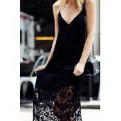 Casual Sexy Ladies' Sleeveless Deep V-Neck Lace Trim Open Back Black Long Swing Cami Dress