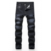 Mens Leisure Solid Color Black Zip Front Straight Fit Stretchy Denim Pants Loose Jeans