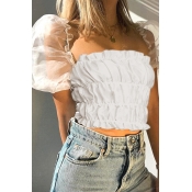Plain Cute Puff Sleeve Square Neck Pleated Mesh Slim Fit Crop Blouse Top for Women
