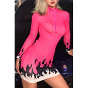 Womens Stylish Color Block Cartoon Fire Print Long Sleeve Zip Placket Slim Fit Casual Mini Dress