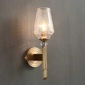 Loft Style Cup Sconce Light with Clear Lattice Glass Shade 1 Head Balcony Wall Sconce Light in Brass