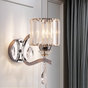 Modern Cylinder Sconce Light Fixture Rectangle-Cut Crystal 1 Light Bedroom Wall Light with Chrome Arm and Backplate