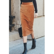 Elegant Fashion Ladies' Elasticated Waist Corduroy Midi Sheath Skirt in Brown