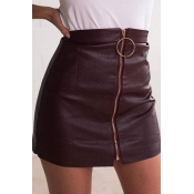 Plain Cool Girls' High Waist Zipper Front Leather Micro Bodycon Skirt for Nightclub