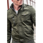 Mens Casual Solid Color Long Sleeves Zip Up Slim Fit Cotton Cargo Jacket