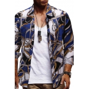 Retro Color Block Chain Pattern Long Sleeve Button Down Loose Fit Baroque Shirt for Men