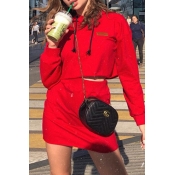 Womens Street Style Plain Red Cropped Drawstring Hoodie & Mini Skirt Casual Co-ords