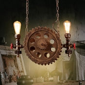 2-Light Pipe Ceiling Pendant Light Vintage Steel Gear Hanging Light Fixtures with Chain for Indoor