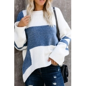 Women's Blue Street Batwing Sleeve Boat Neck Contrasted Loose Fit Knit Pullover Sweater Top