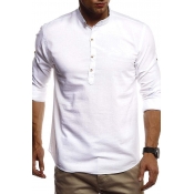 Mens Leisure Plain Long Sleeve Arc Hem Half Button Closure Relaxed Linen Shirt