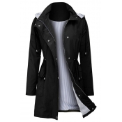 Fashion Street Women's Long Sleeve Hooded Zipper Button Down Drawstring Stripe Liner Loose Mid Plain Trench Coat