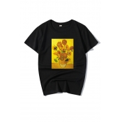 Summer Fashion Sunflower Oil Painting Print Crewneck Short Sleeves Casual T-Shirt