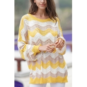 Cozy Fashion Ladies' Blouson Sleeve Boat Neck Stripe Print Hollow Knit