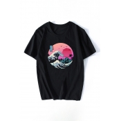 Retro Sunset and Sea Wave Pattern Short Sleeves Black T-Shirt Cotton Camisetas