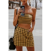 Edgy Girls Simple Yellow Checked Pattern Tube Top with Mini A-Line Skirt Co-ords