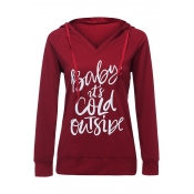 Creative Letter BABY IT'S COLD OUTSIDE Print Long Sleeve Red Drawstring Hoodie