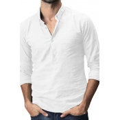 Mens Leisure Plain Long Sleeve Half Button Placket Regular Fit Thin Linen Shirt