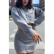 Female Casual Long Sleeve Button Down Crop Jacket Coat with Mini Skirt Gray Two Piece Set