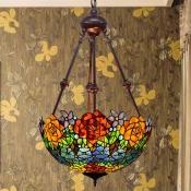 Flower Stained Glass Chandelier Light Tiffany 2 Bulbs Blue/Red/Yellow Pendant Lamp for Living Room