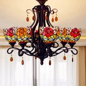 Bowl Chandelier Lighting Fixture 6 Lights Handcrafted Art Glass Baroque Drop Lamp in Red/Yellow/Blue for Living Room
