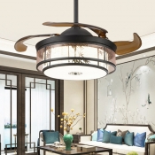 Traditional Drum Ceiling Fan LED Metal Semi Flush Mount Light in Black, Wall/Remote Control/Frequency Conversion