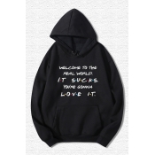 Casual Letter WELCOME TO THE REAL WORLD Print Long Sleeves Pouch Pocket Loose Hoodie