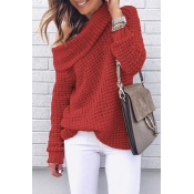 Elegant Ladies' Long Sleeve Foldover Neck Pointelle Plain Oversize Pullover Sweater Top