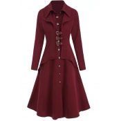 Elegant Ladies' Long Sleeve Lapel Neck Button Down Buckle Detail Tiered Pleated Long Dress Trench Coat in Red