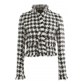 Chic Girls' Long Sleeve Stand Collar Houndstooth Printed Tassel Detail Fitted Tweed Coat in White