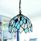Stained Glass Blue Drop Pendant Dome 1 Light Baroque Stylish Hanging Ceiling Light for Bedroom