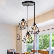 3 Lights Caged Chandelier Industrial Black Metal Ceiling Hanging Light Fixture for Dining Room with Round/Linear Canopy