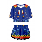 Girls Popular Letter Color Block Geometric Cartoon Pattern Crop T-Shirt with Dolphin Shorts