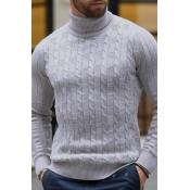 Metrosexual Men's Plain High Neck Long Sleeve Cable Knitted Slim Fit Pullover Sweater