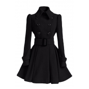 Fancy Ladies' Long Sleeve Lapel Collar Double Breasted Buckle Belted Plain Fitted Pleated Dress Wool Coat