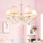 Pink 6 Heads Chandelier Light Traditionalism Fabric Conical Suspended Lighting Fixture with Crystal Accent