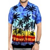 Hawaii Style Coconut Tree Printed Short Sleeve Chest Pocket Button Up Beach Shirt for Men
