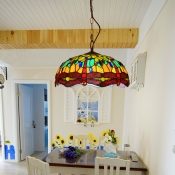 Dragonfly Suspension Pendant Light Tiffany Stained Glass 1 Light Red/Yellow/Blue Hanging Lamp Kit for Kitchen