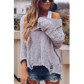 Grey Chic Bell Sleeve Drop Shoulder Ripped Chunky Knit Asymmetric Relaxed Pullover Sweater Top for Ladies